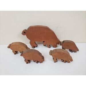 Wooden Rustic Family Pig Decor Stand Carved Farmhouse Country Cottage Core Set 5